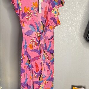 Pink Floral Maxi Dress with Tie Waist